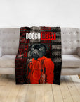 Personalized pet blanket featuring a black pug in an orange jumpsuit, "Doggo Heist" text, and red distressed background.