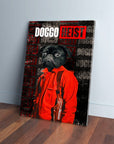 Personalized "Doggo Heist 2" canvas featuring a black pug in a red jumpsuit with a holster.