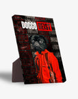 Personalized "Doggo Heist" standing canvas featuring a pug in a red jumpsuit, with a sturdy back stand.