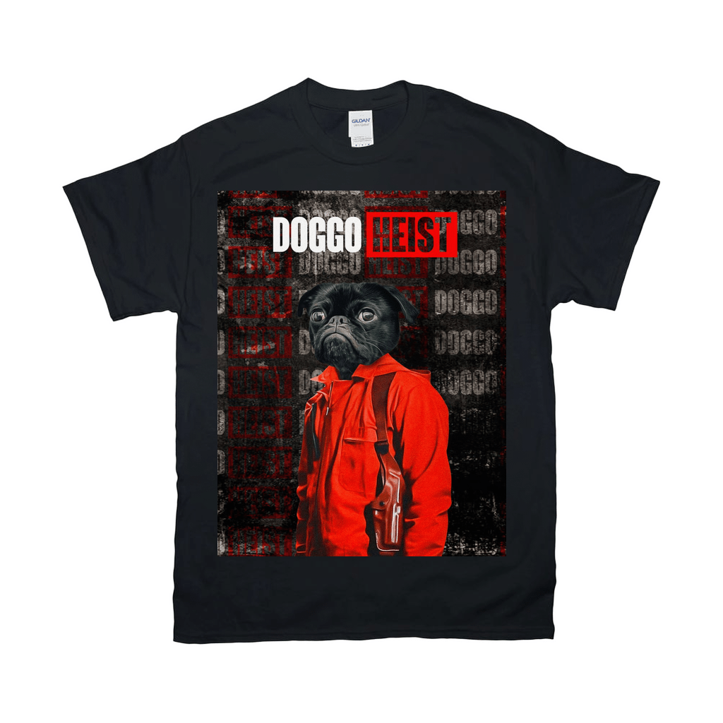 Black Gildan unisex t-shirt featuring a pug in a red jumpsuit with "DOGGO HEIST" text.