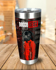 Personalized stainless steel tumbler with a black pug in a red jumpsuit, "Doggo Heist" design.