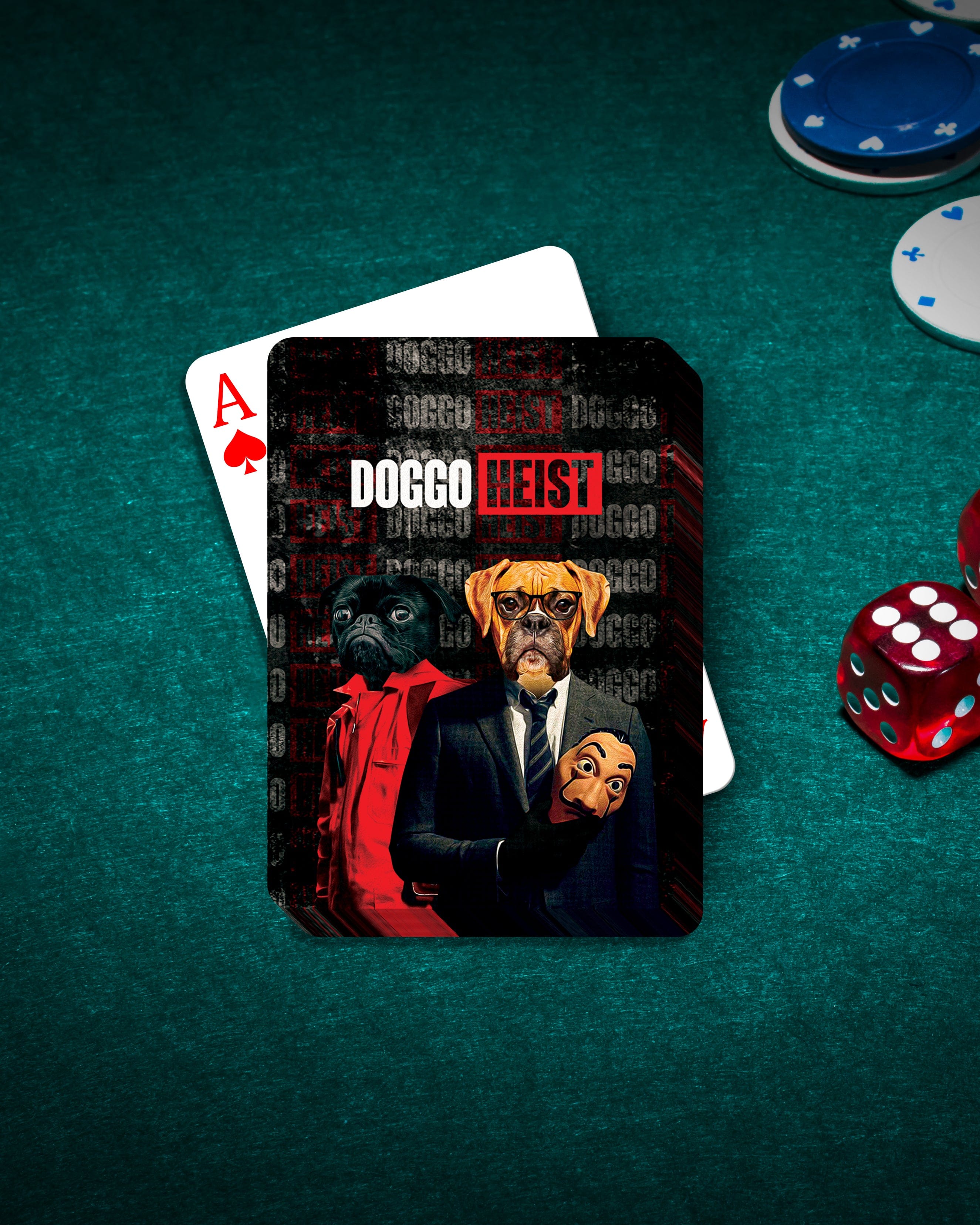 Personalized "Doggo Heist" playing cards featuring two custom pet portraits in a movie poster style.