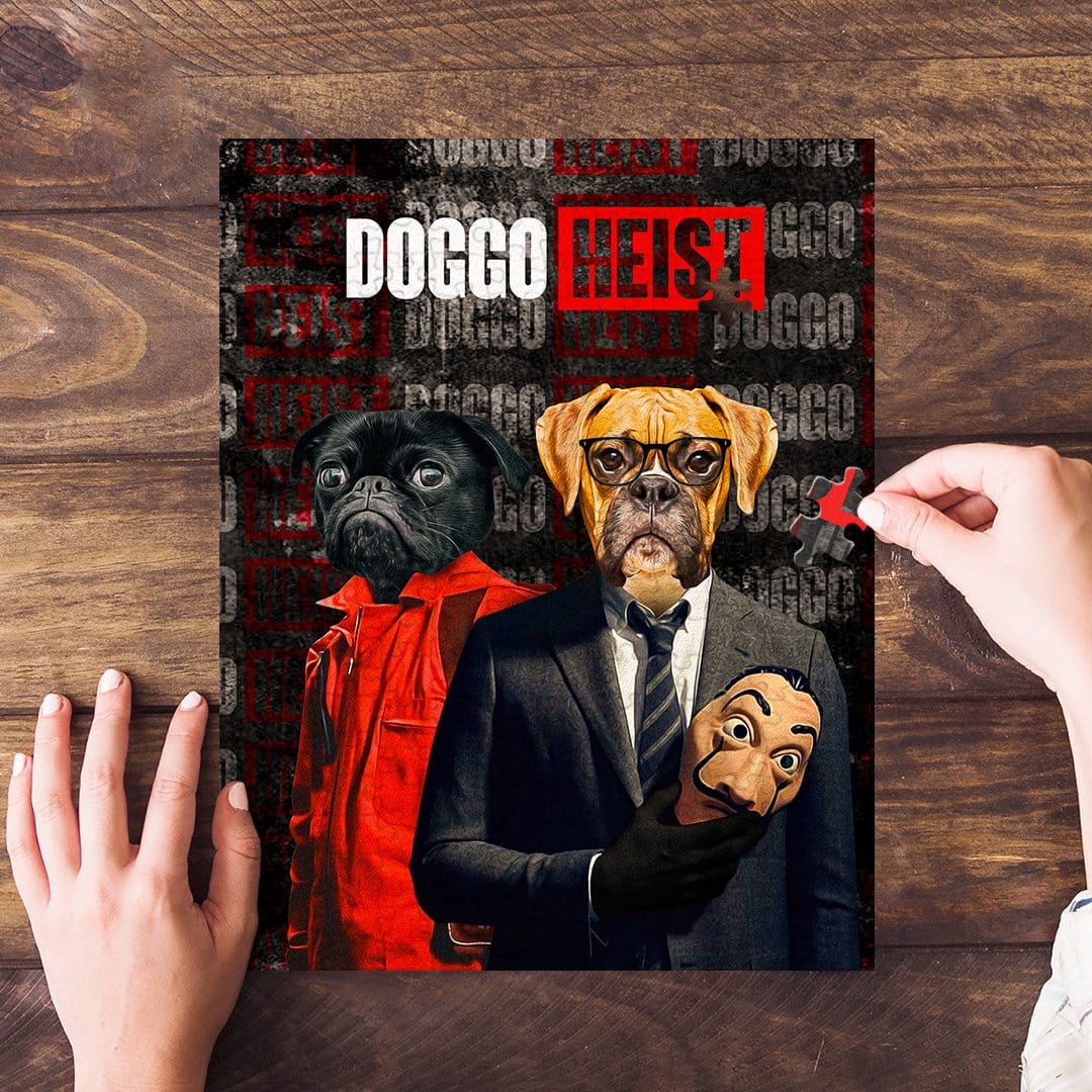 Personalized 'Doggo Heist' 2 pet puzzle featuring a pug and a boxer in suits, with a hand holding a puzzle piece.
