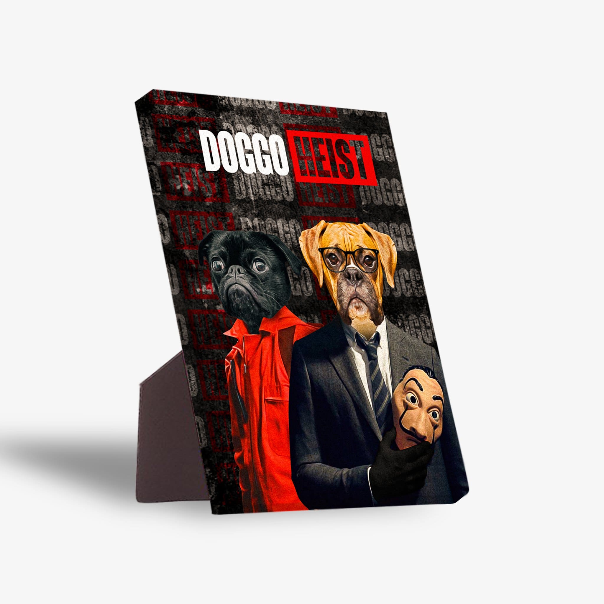 Personalized 'Doggo Heist' standing canvas featuring two pets in a crime-themed design with a black pug in an orange jumpsuit and a boxer in a suit holding a mask.