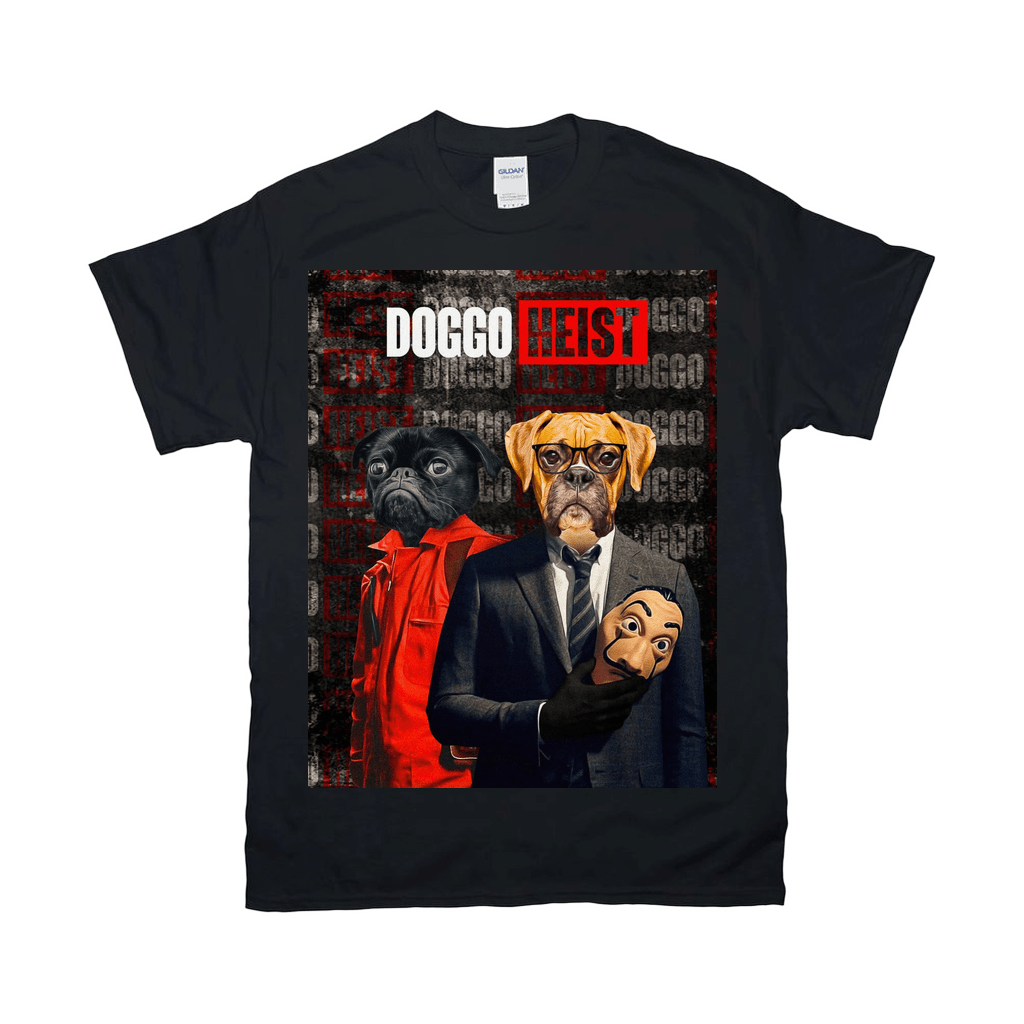 Black Gildan t-shirt with "Doggo Heist" design featuring two dogs dressed as characters from Money Heist.