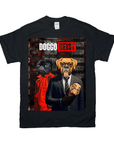 Black Gildan t-shirt with "Doggo Heist" design featuring two dogs dressed as characters from Money Heist.