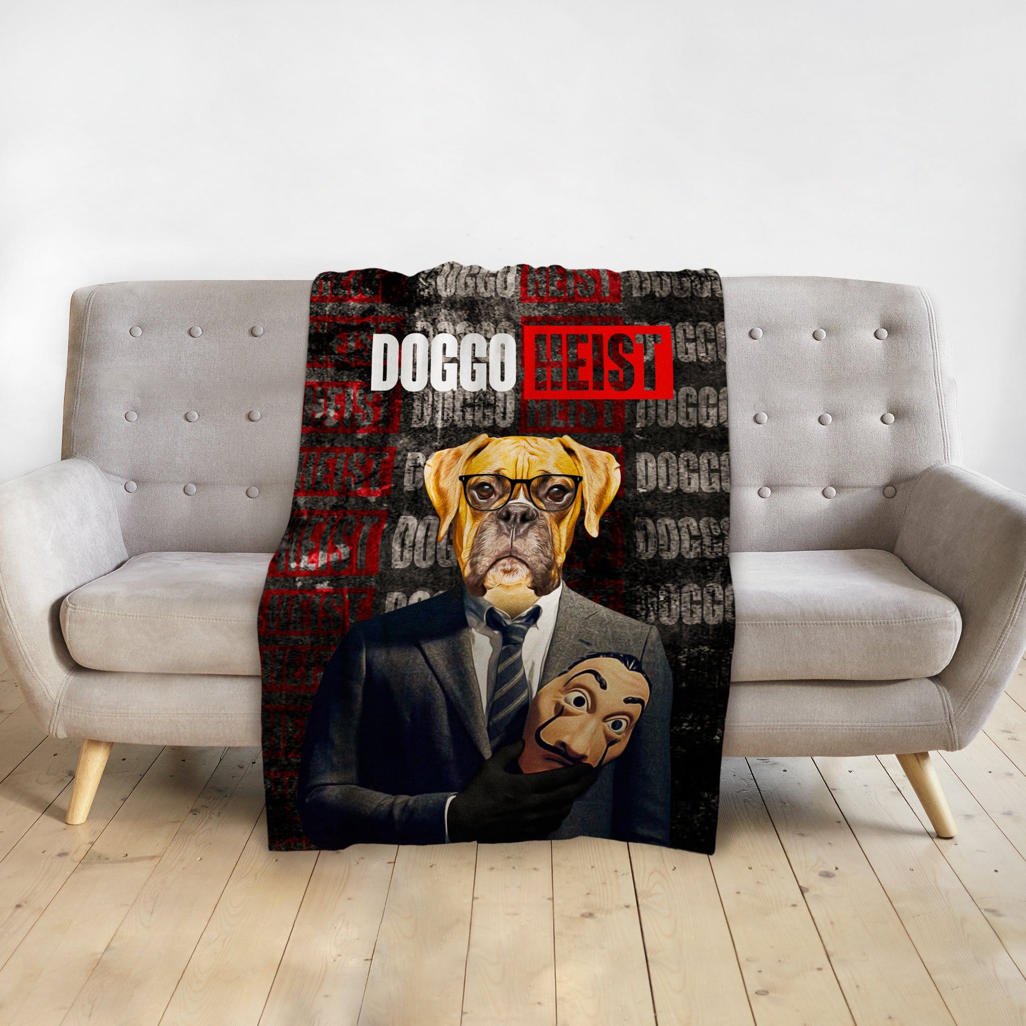 Personalized pet blanket with a boxer dog in a suit holding a mask, "Doggo Heist" text.