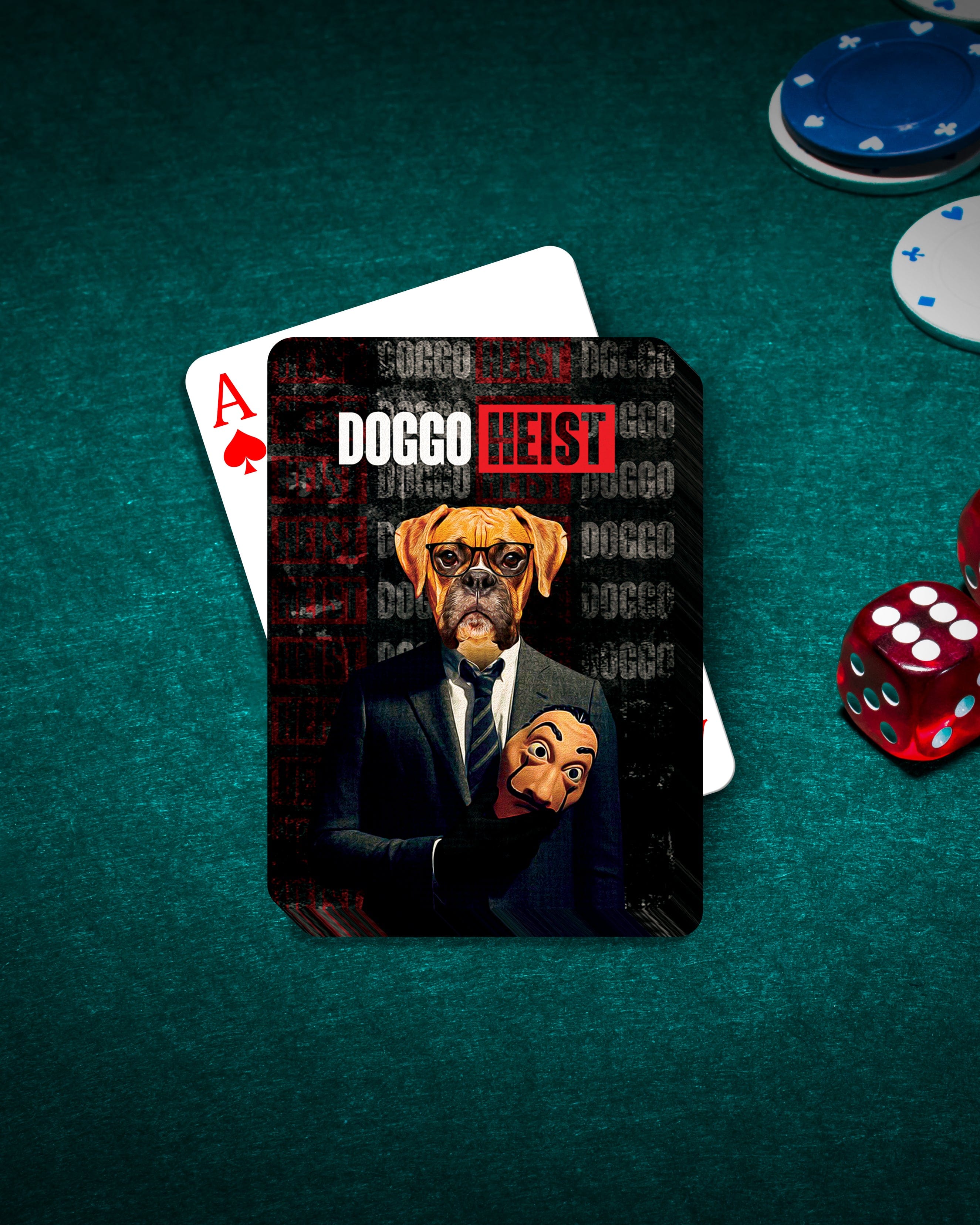 Personalized 'Doggo Heist' playing card featuring a dog in a suit holding a mask, on a green felt table with chips and dice.