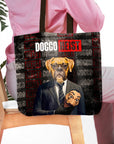 Personalized 'Doggo Heist' tote bag with a custom pet portrait of a boxer dog in a suit holding a mask.