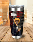 Personalized stainless steel tumbler with a custom dog portrait in a suit holding a mask, "Doggo Heist" text.