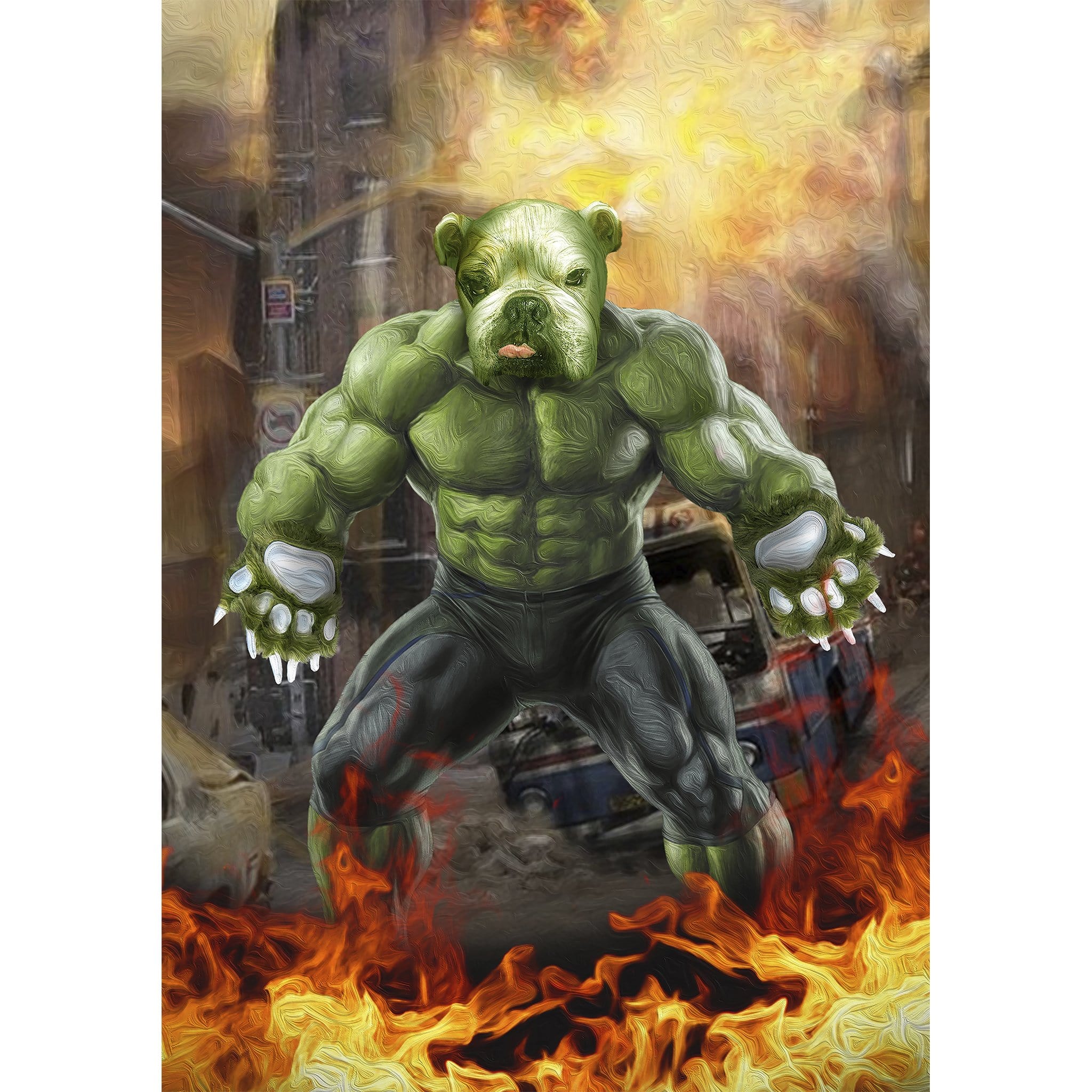 Personalized Doggo Hulk digital portrait featuring a dog's face on a green superhero body amidst fire.