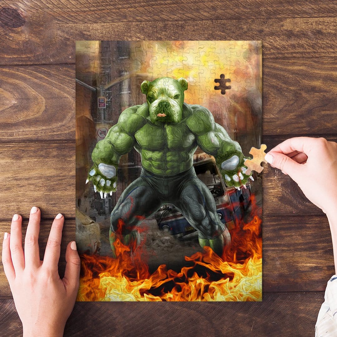 Custom personalized dog puzzle featuring a green, muscular dog in a Hulk-like pose amidst flames.
