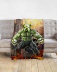 Personalized pet blanket with a green Doggo Hulk portrait on a gray sofa.