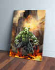 Personalized Doggo Hulk pet canvas, a green muscular dog in a fiery city scene, leaning against a wall.