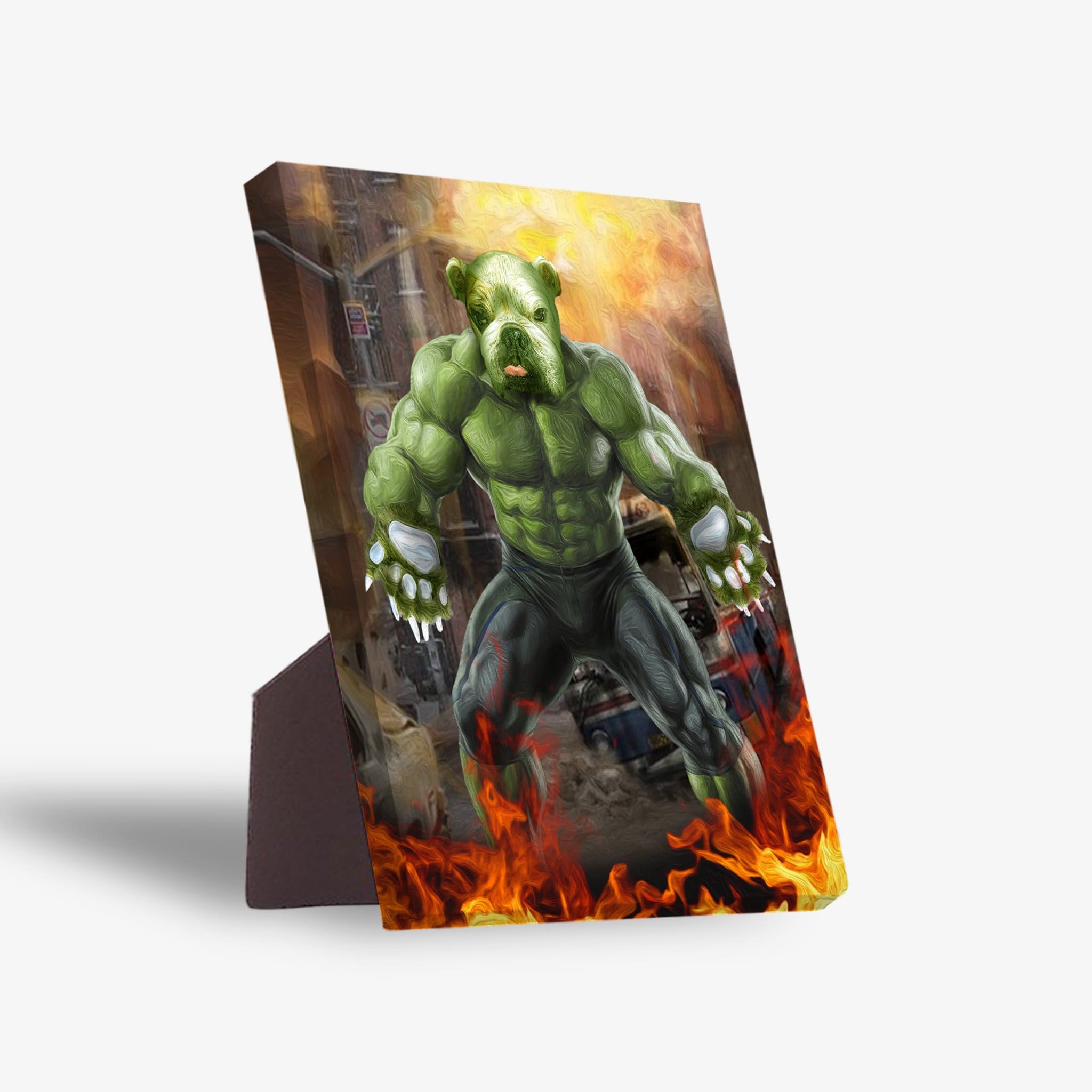 Personalized 'Doggo Hulk' pet portrait on a standing canvas, featuring a green muscular dog in flames.