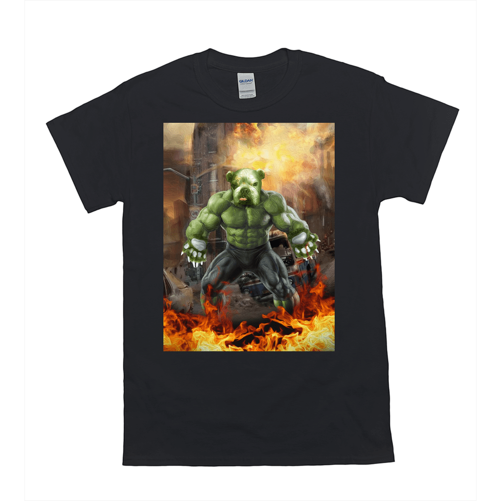 Black Gildan t-shirt with a personalized "Doggo Hulk" pet design, featuring a muscular green dog amidst flames.