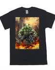 Black Gildan t-shirt with a personalized "Doggo Hulk" pet design, featuring a muscular green dog amidst flames.