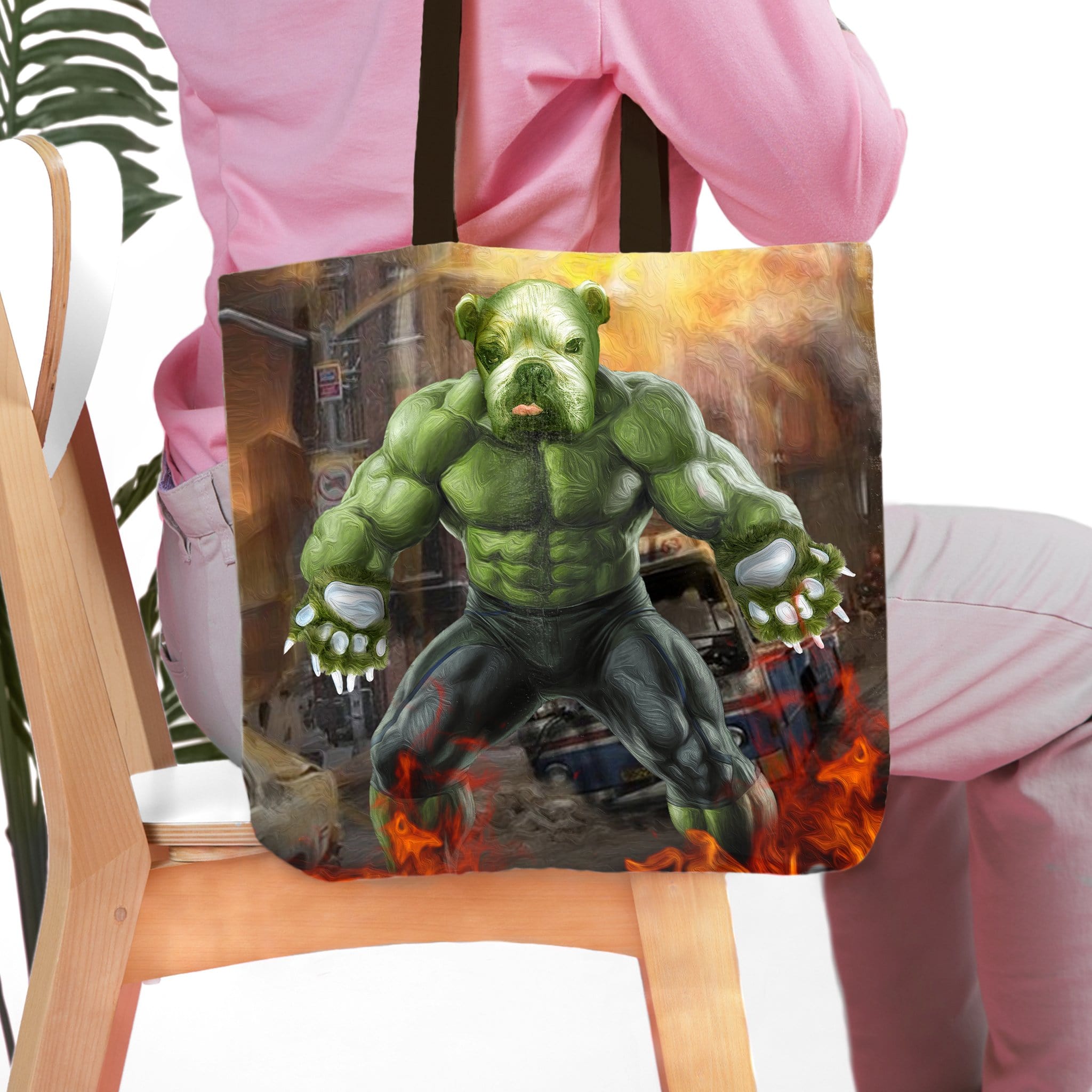 Personalized Doggo Hulk pet portrait tote bag with a green muscular dog in a city scene.