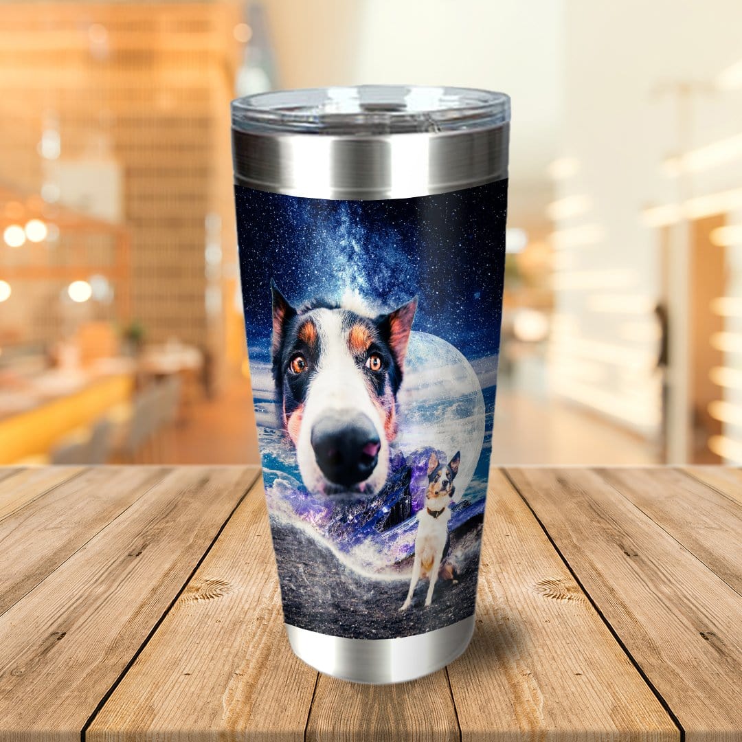 Personalized stainless steel tumbler with a custom dog portrait in a space and moon design.