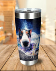 Personalized stainless steel tumbler with a custom dog portrait in a space and moon design.