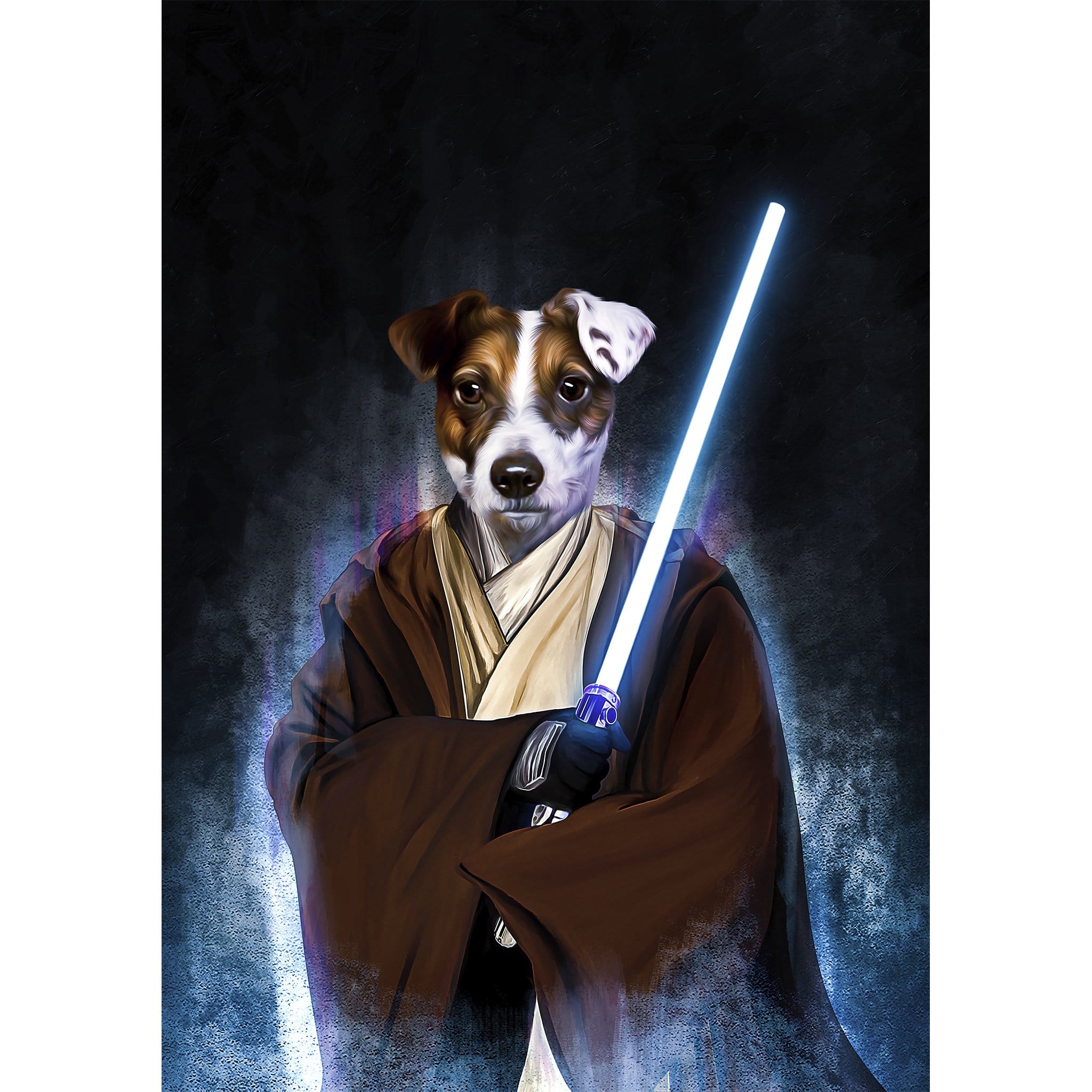 Custom digital portrait of a dog as a Jedi, holding a blue lightsaber.