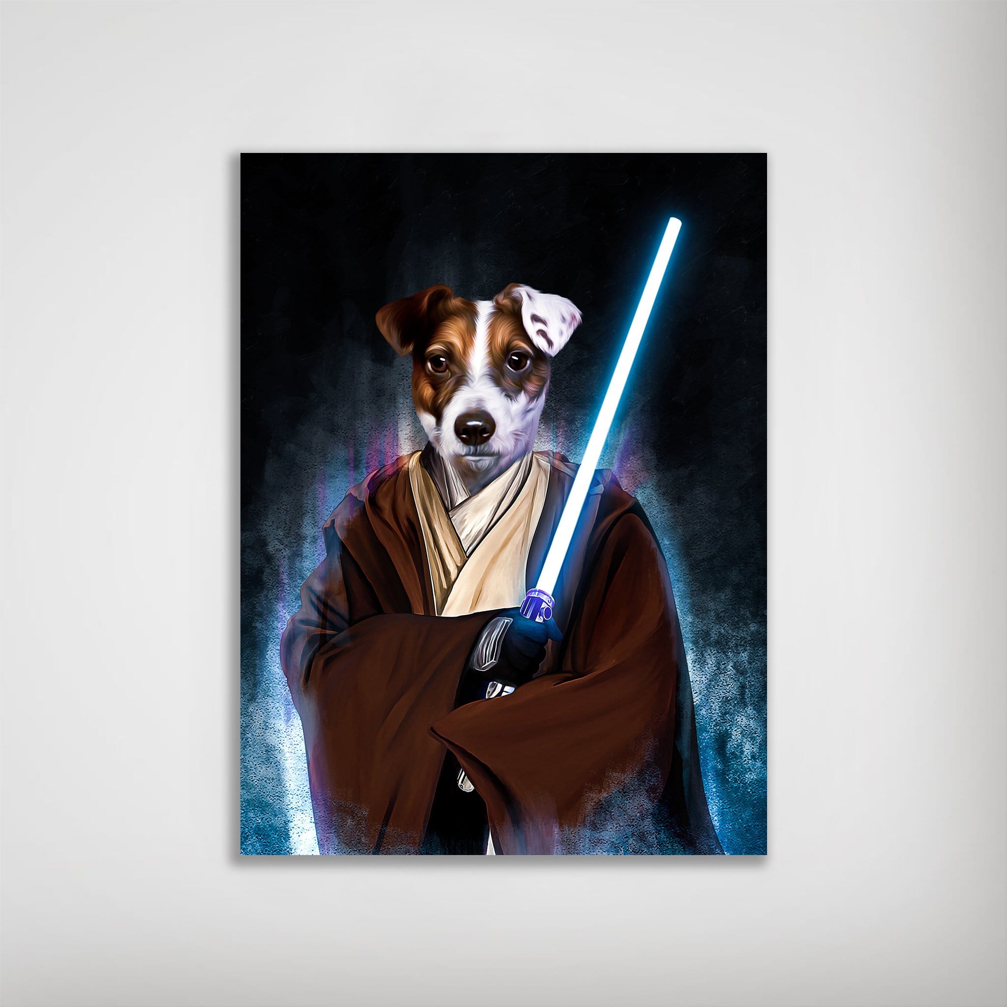 Personalized 'Doggo-Jedi' poster featuring a dog in a brown robe holding a blue lightsaber.