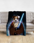 Personalized pet blanket with a Doggo-Jedi portrait of a dog holding a blue lightsaber.