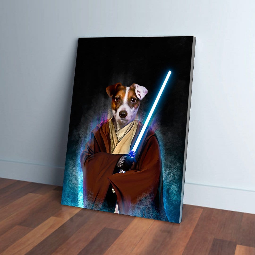 Personalized 'Doggo-Jedi' pet canvas featuring a Jack Russell terrier in a brown robe holding a blue lightsaber.