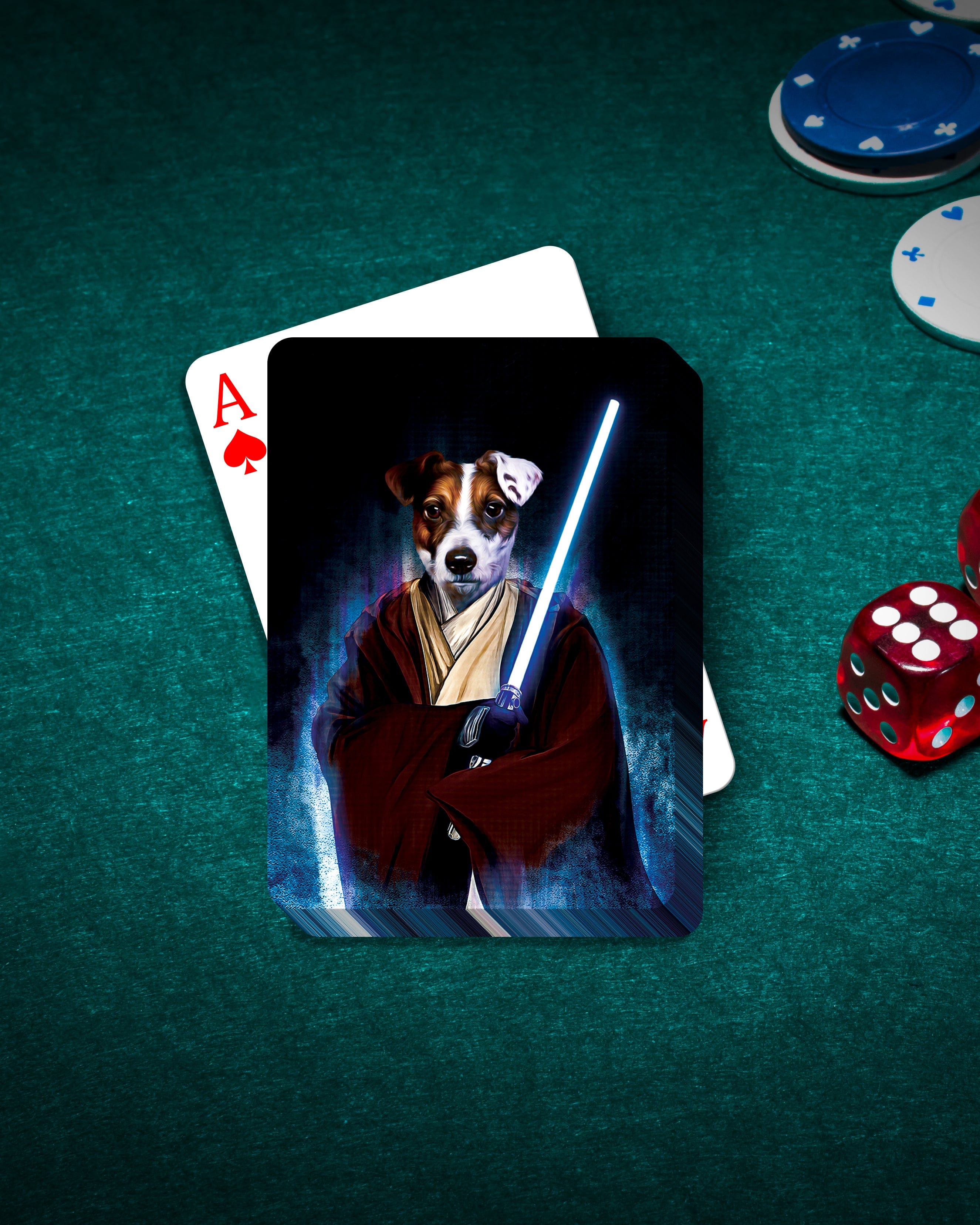 Personalized Doggo-Jedi playing card featuring a dog in a Jedi robe holding a blue lightsaber, on a green poker table.