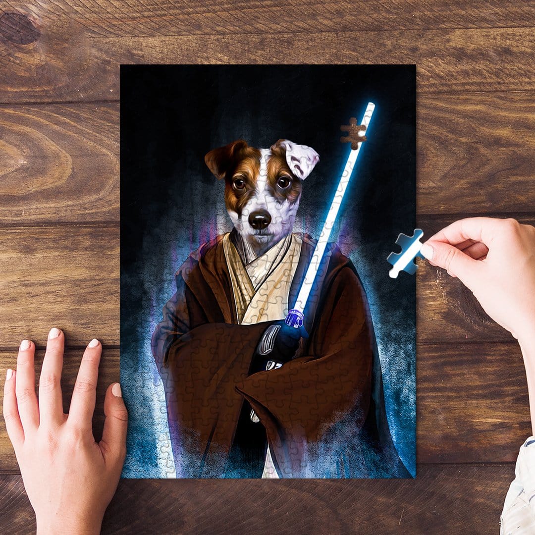Custom personalized Doggo-Jedi pet puzzle featuring a dog in a brown robe holding a blue lightsaber.