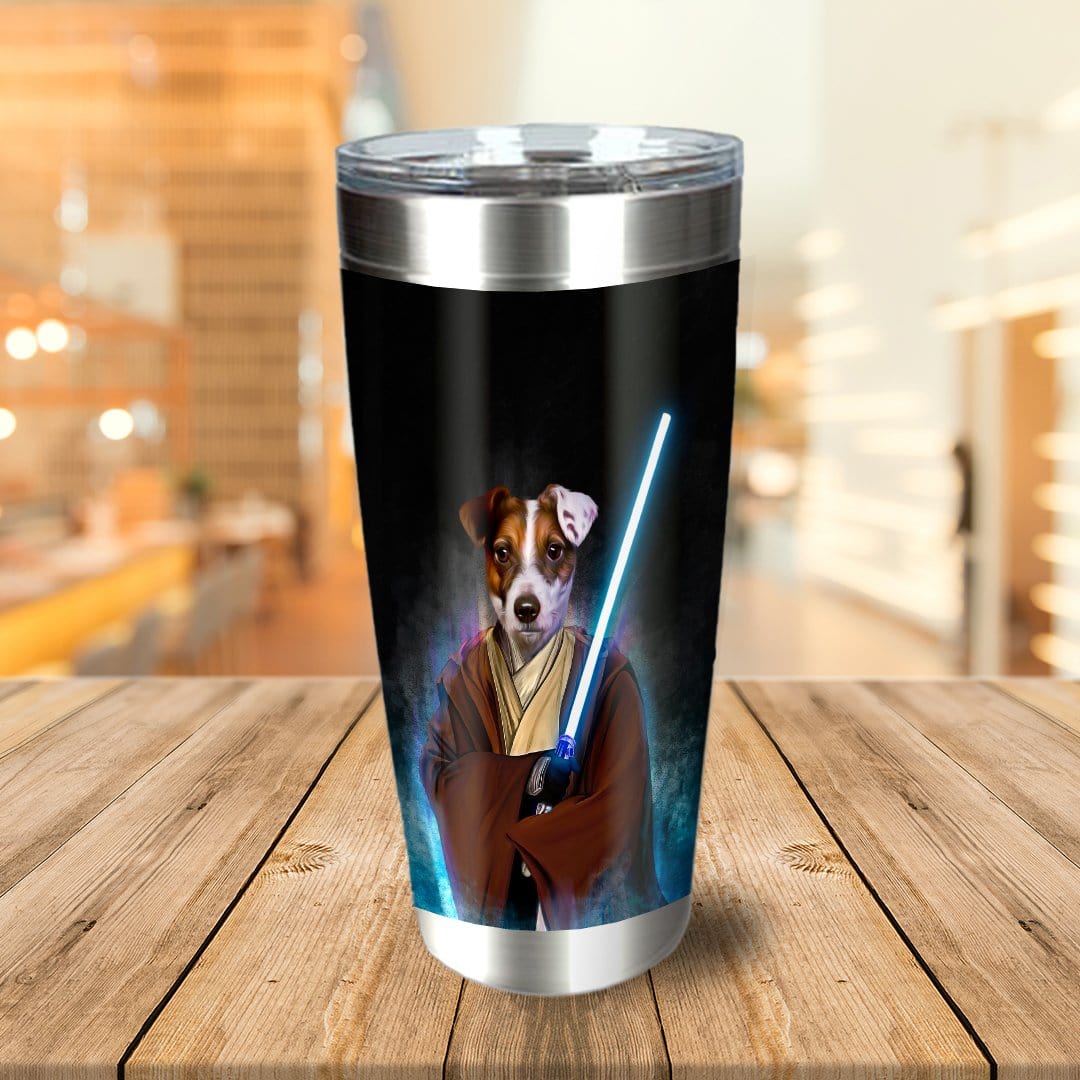 Personalized stainless steel tumbler with a custom dog Jedi portrait holding a blue lightsaber.