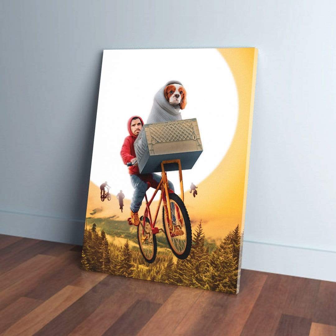 Personalized "Doggo-Terrestrial" canvas featuring a person and dog on a flying bicycle against a sunset.