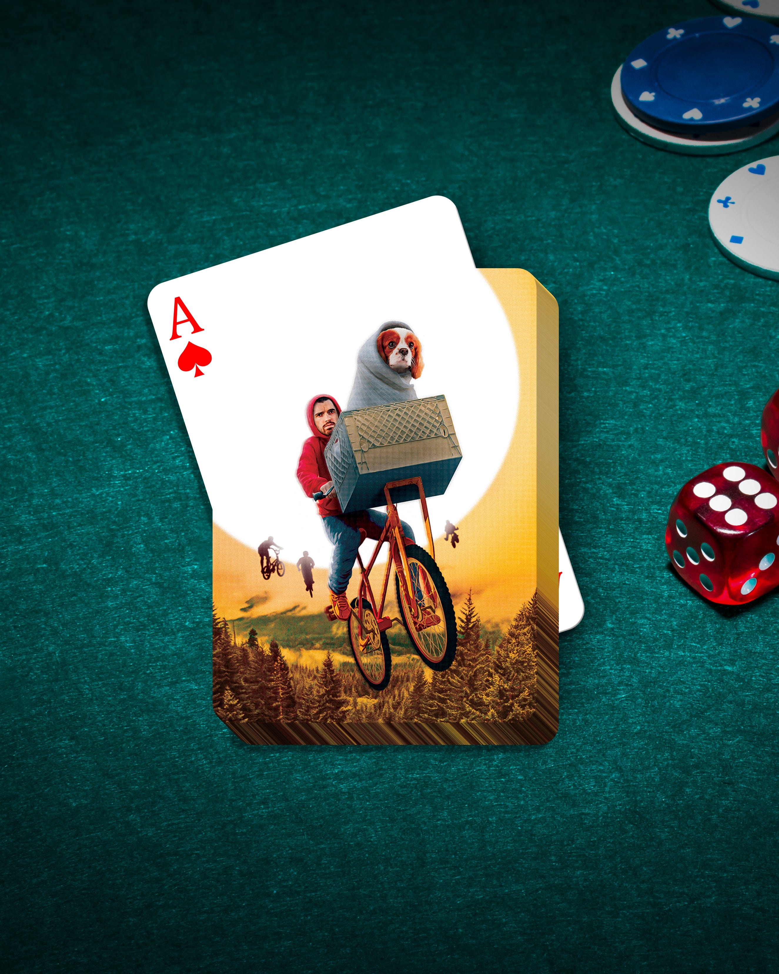 Personalized playing card featuring a custom pet and human portrait in a "Doggo-Terrestrial" movie poster style.