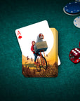 Personalized playing card featuring a custom pet and human portrait in a "Doggo-Terrestrial" movie poster style.