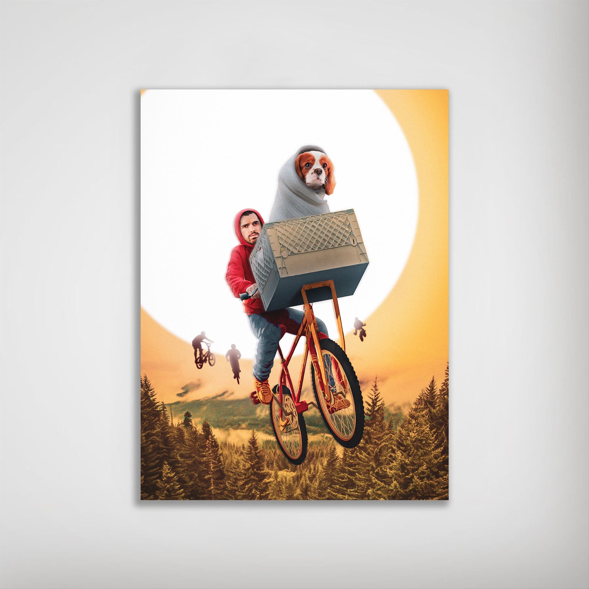 Personalized "Doggo-Terrestrial" poster featuring a human and dog on a flying bicycle against a sunset.