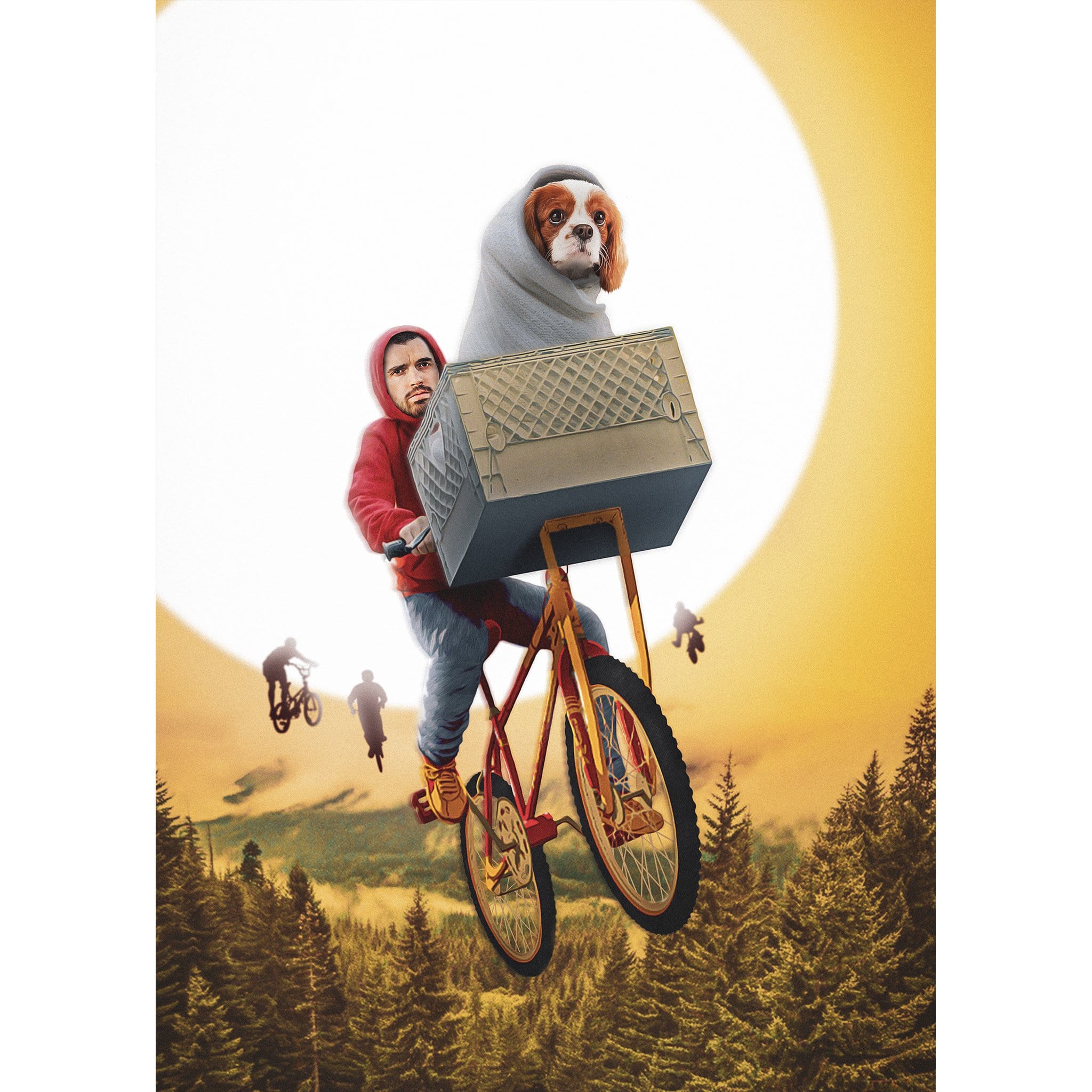 Custom digital portrait of a man and a Cavalier King Charles Spaniel flying on a bicycle against a sunset.
