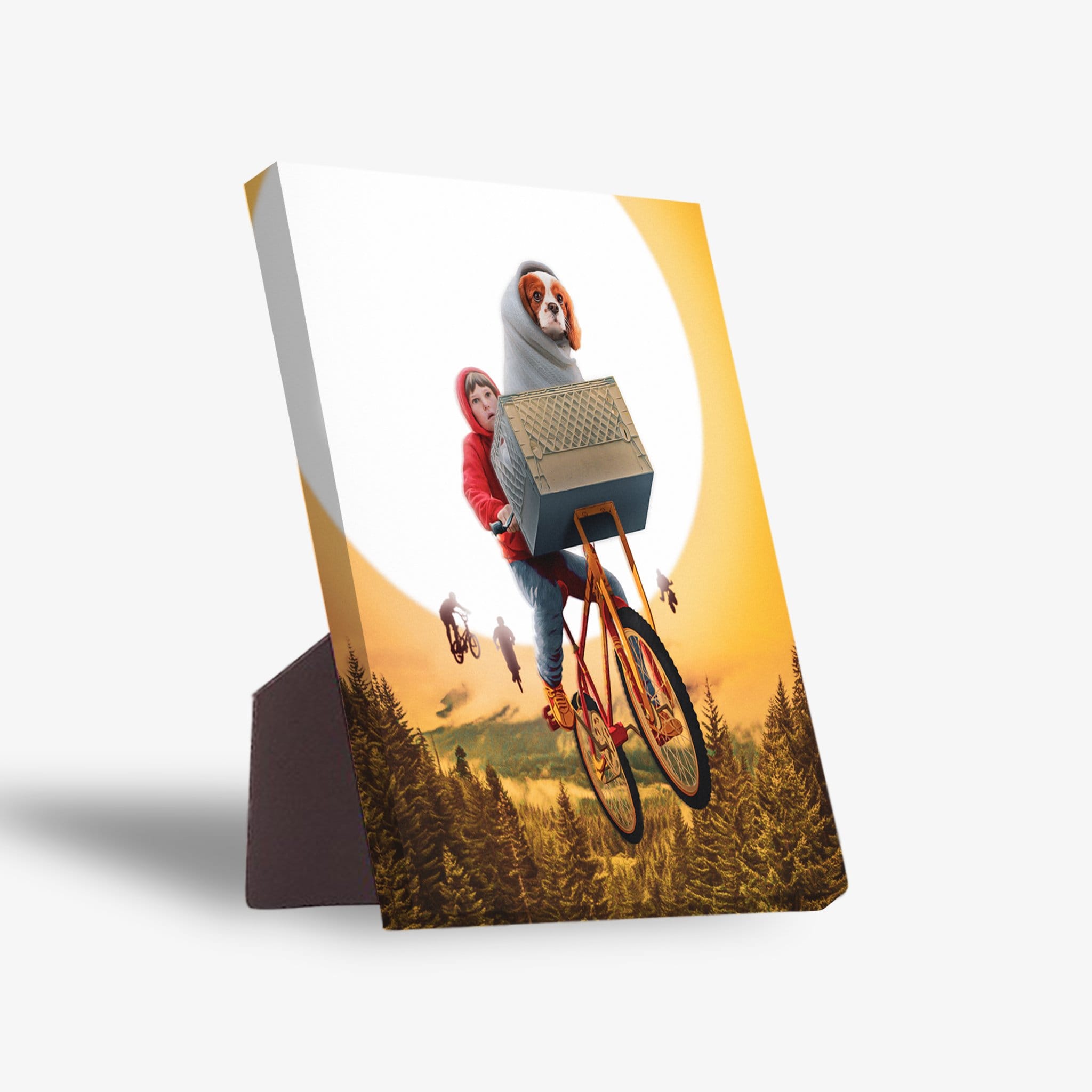 Doggo-Terrestrial personalized standing canvas featuring a dog in a blanket on a bicycle against a full moon.