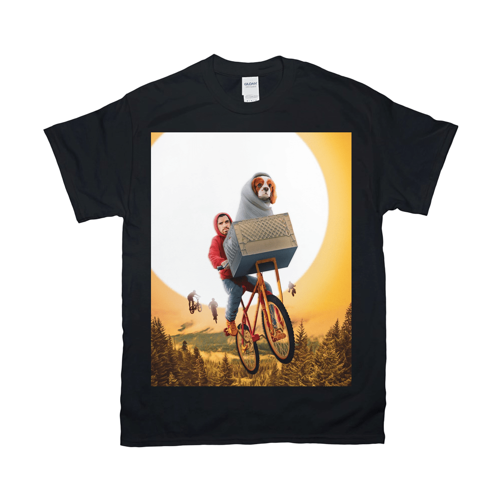 Black Gildan t-shirt with a personalized design of a dog in a blanket on a bike, flying against a full moon.