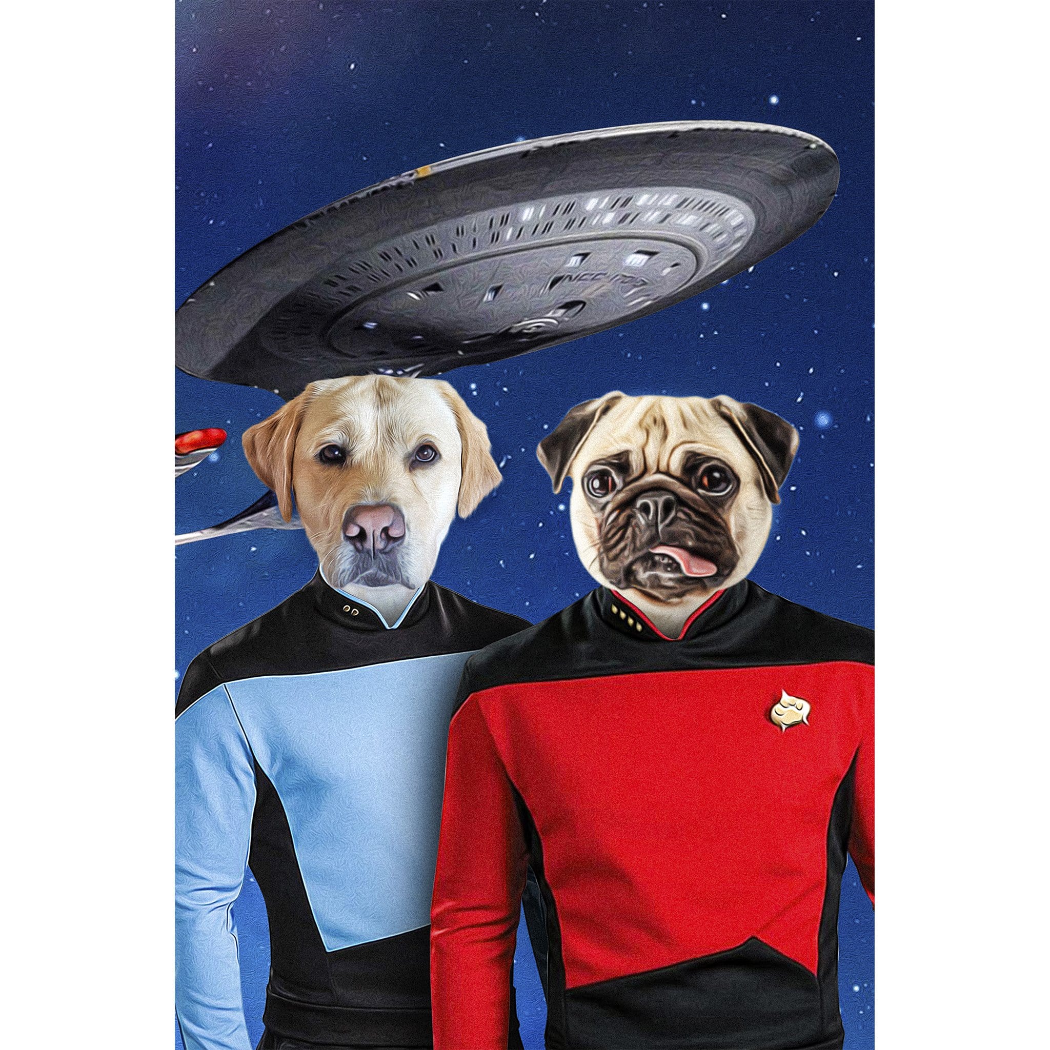 Custom digital portrait of a yellow lab and pug in Star Trek uniforms with a spaceship.
