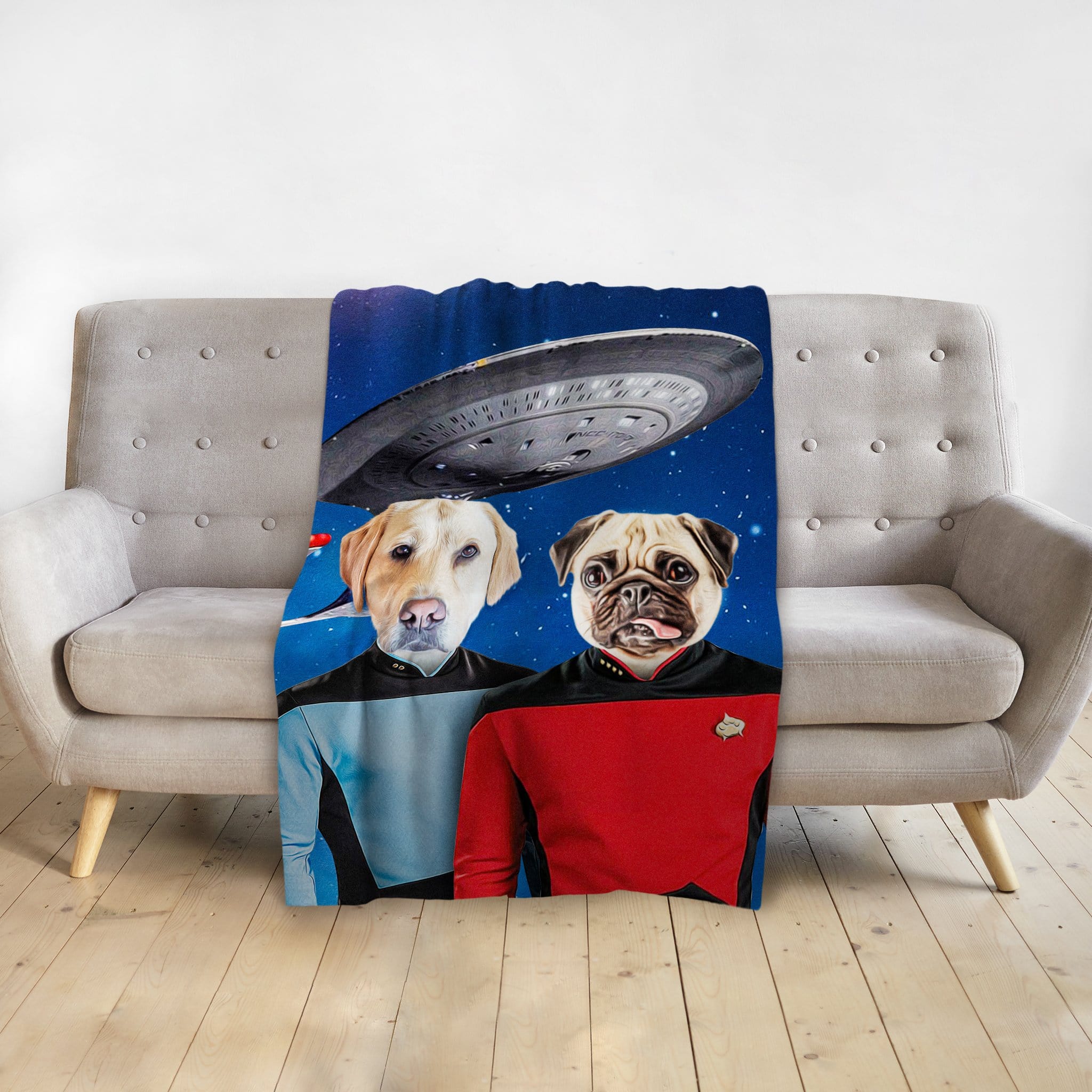Personalized minky blanket with custom Star Trek-style portraits of a yellow lab and a pug.