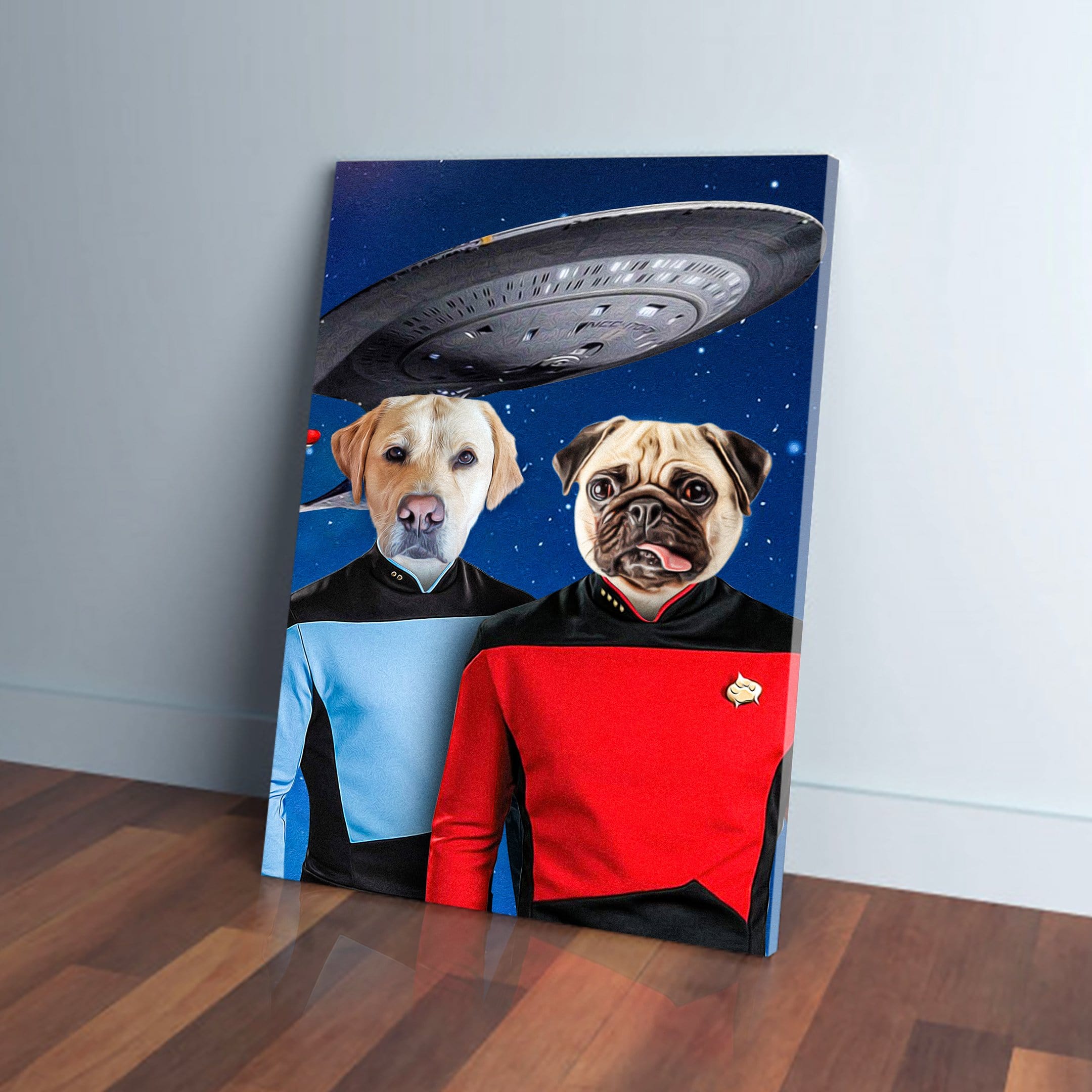 Custom pet canvas featuring a yellow lab and a pug in Star Trek uniforms with a spaceship in a starry sky.