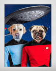 Custom 'Doggo-Trek' poster featuring a yellow lab and pug in sci-fi uniforms under a spaceship.