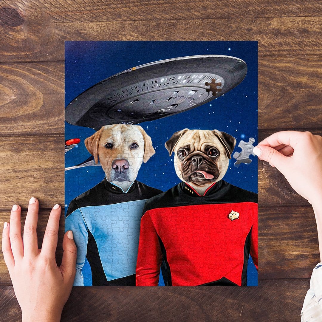 Personalized 2-pet puzzle featuring a yellow lab and pug in Star Trek uniforms with a spaceship.