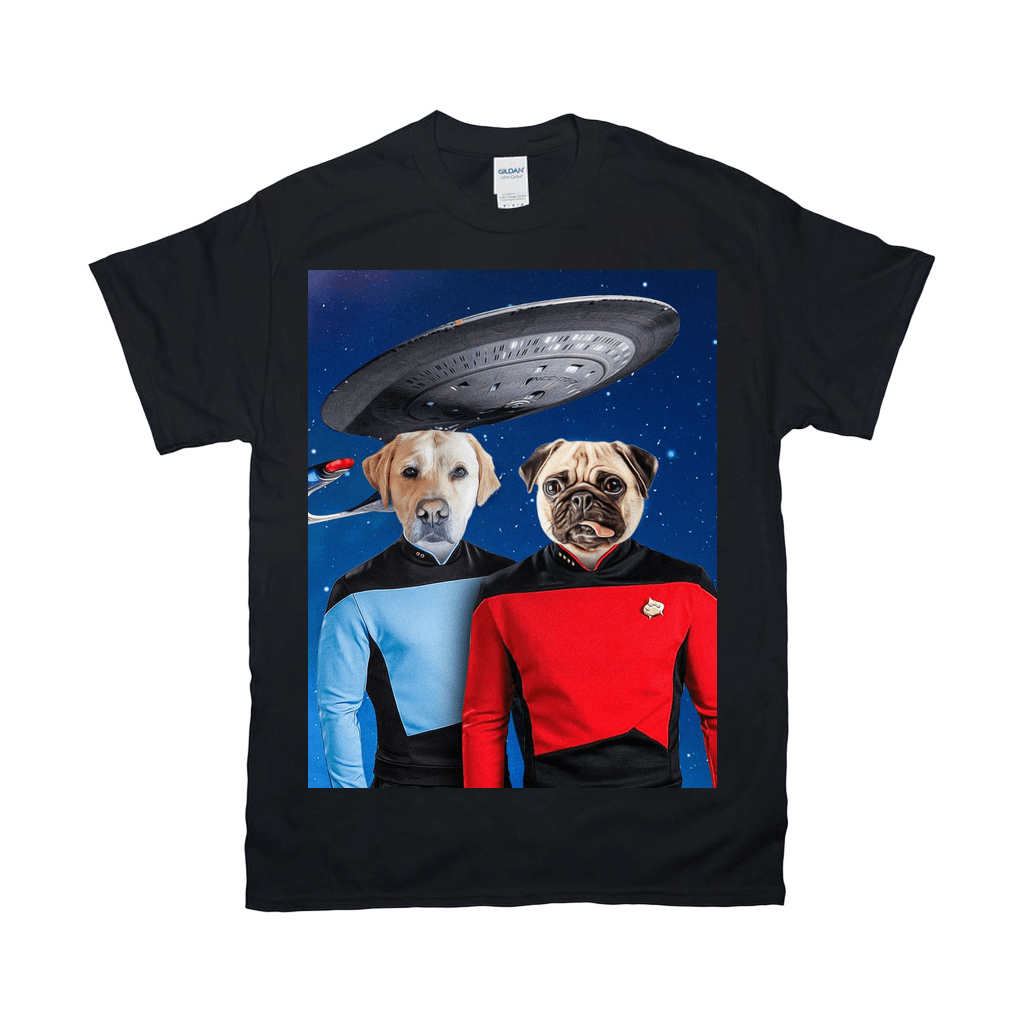 Black Gildan t-shirt featuring a personalized graphic of two pets, a labrador and a pug, dressed in sci-fi uniforms under a UFO.