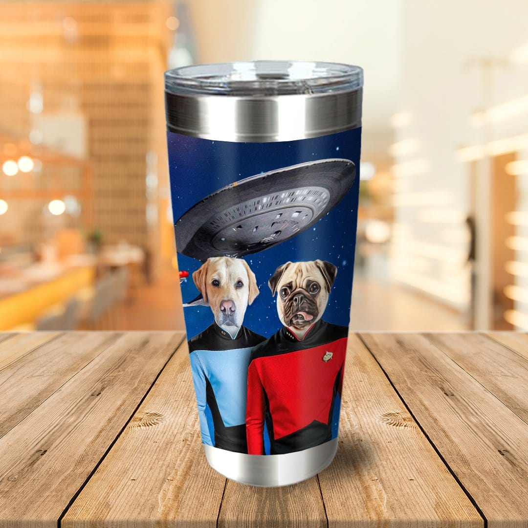Personalized stainless steel tumbler with two dogs in Star Trek uniforms and a spaceship.