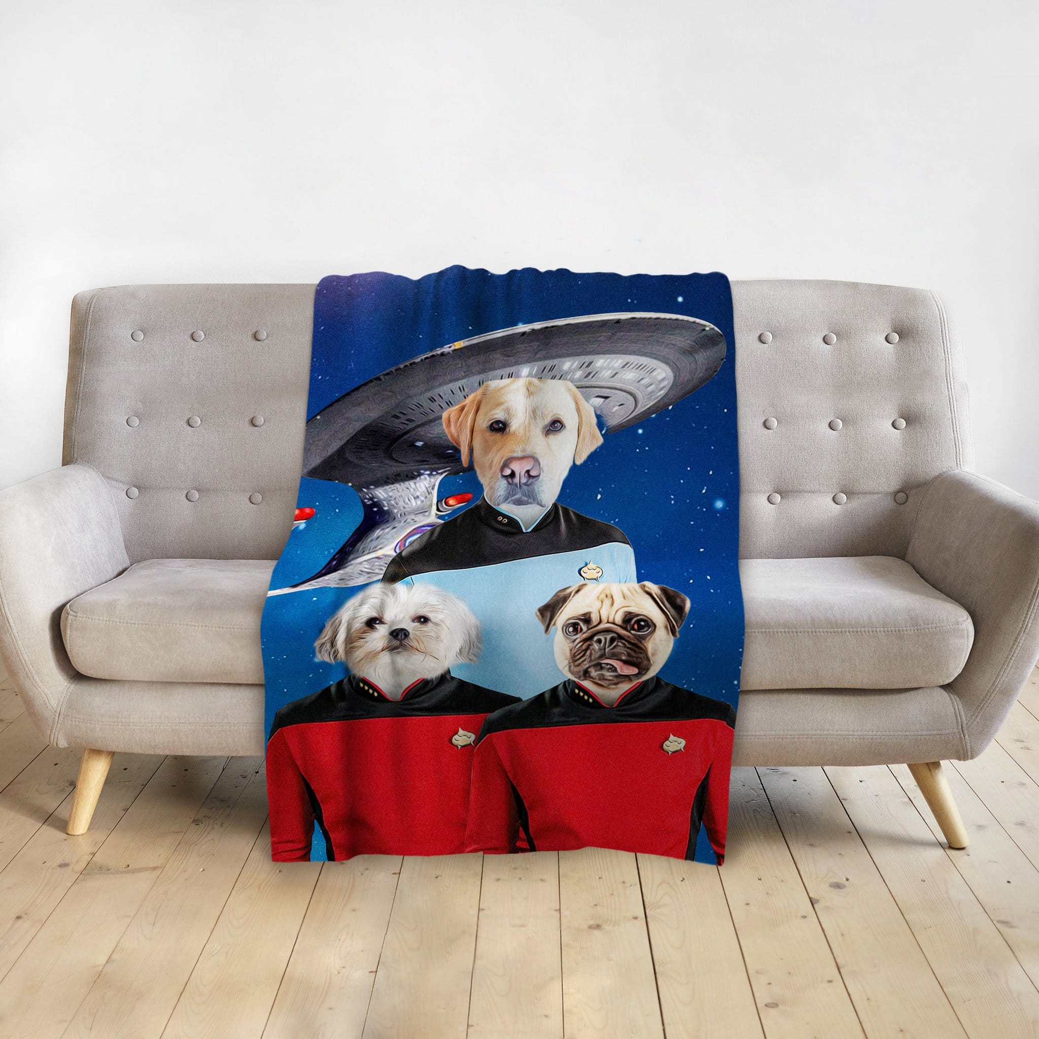 Personalized pet portrait blanket featuring three dogs in Star Trek uniforms with a spaceship background.