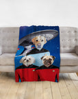 Personalized pet portrait blanket featuring three dogs in Star Trek uniforms with a spaceship background.
