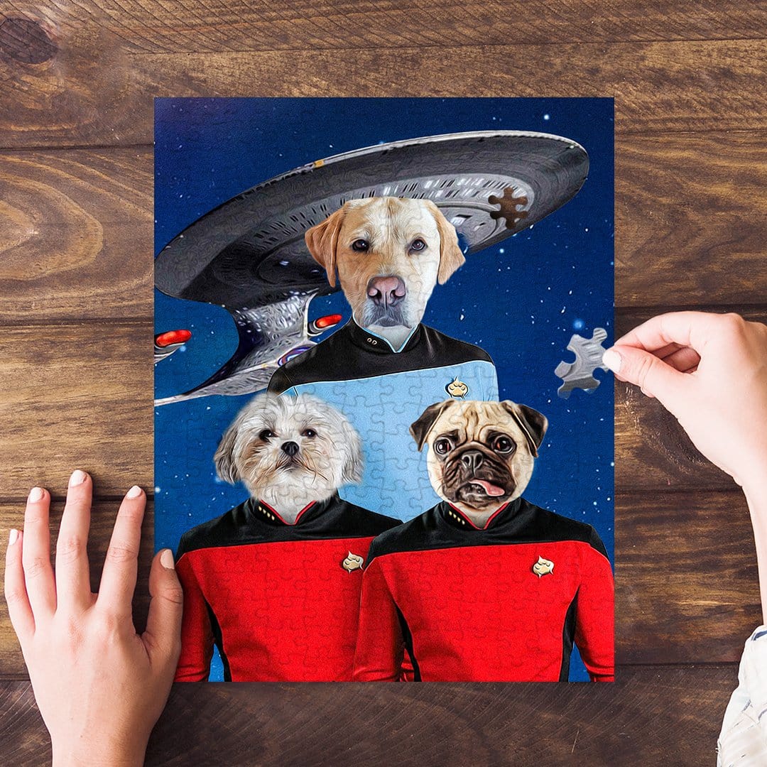 Personalized 'Doggo-Trek' puzzle featuring three custom pet portraits in Star Trek uniforms with a spaceship.