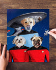 Personalized 'Doggo-Trek' puzzle featuring three custom pet portraits in Star Trek uniforms with a spaceship.