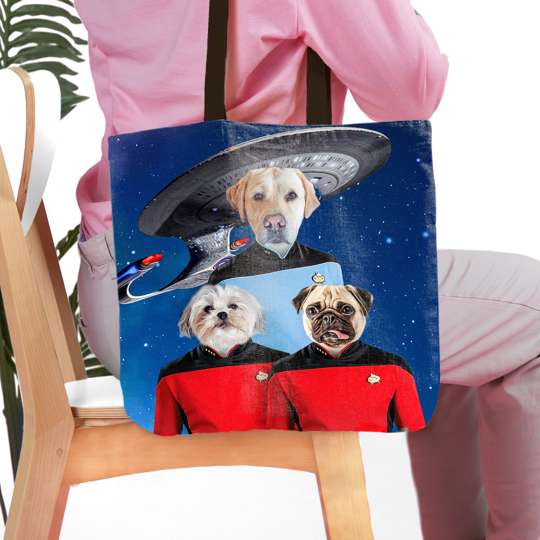 Personalized Doggo-Trek 3-pet tote bag with custom pet portraits in Star Trek uniforms.